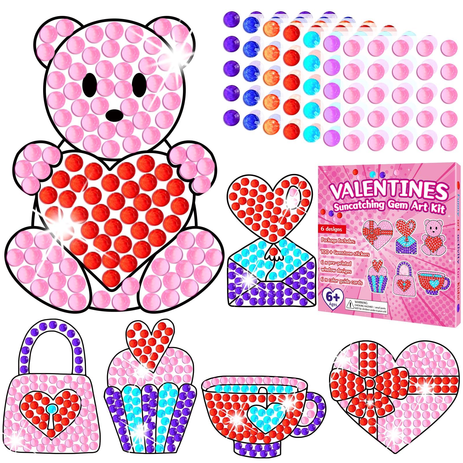 Qyeahkj 6 Pcs Valentines Day Arts Crafts DIY Heart Bear Gem Diamond Suncatcher Crafts for Kids Valentines Diamond Painting Gift