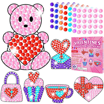 Qyeahkj 6 Pcs Valentines Day Arts Crafts DIY Heart Bear Gem Diamond Suncatcher Crafts for Kids Valentines Diamond Painting Gift