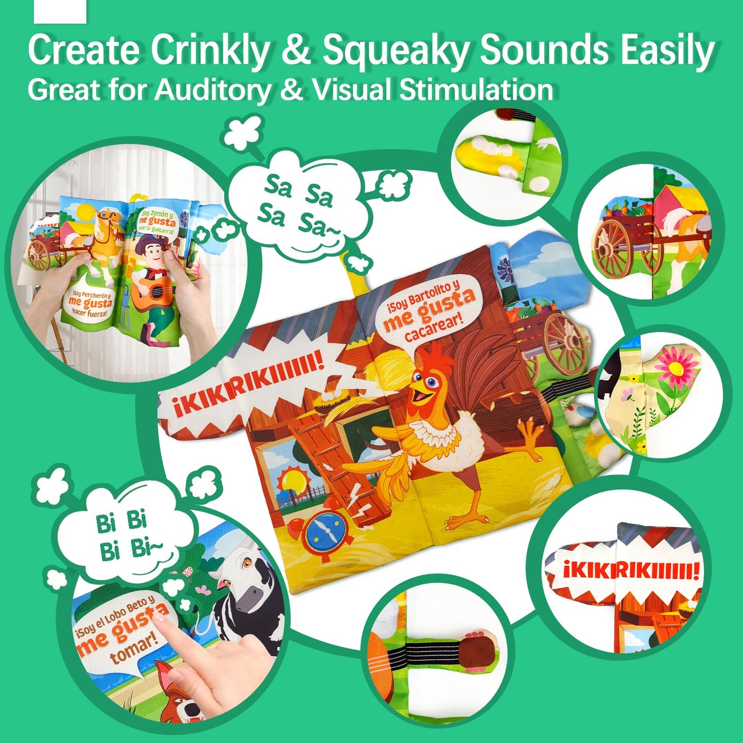 La Granja De Zenon BARTOLITO&LOLA Spanish Baby Books Toys Touch and Feel Cloth Crinkle Soft Spanish Books 0-6 Months Infant Newb