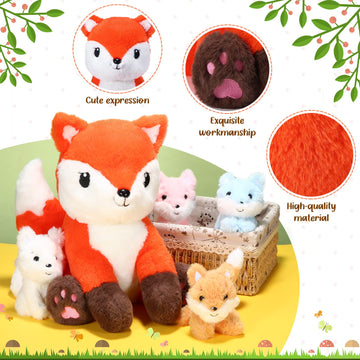 Hydren 5 Pcs Fox Plush Toy Set 14 Inch Mommy Fox Stuffed Animal With 4 Cute Plush Baby Foxes In Tummy Soft Cuddly Fox Plushies F