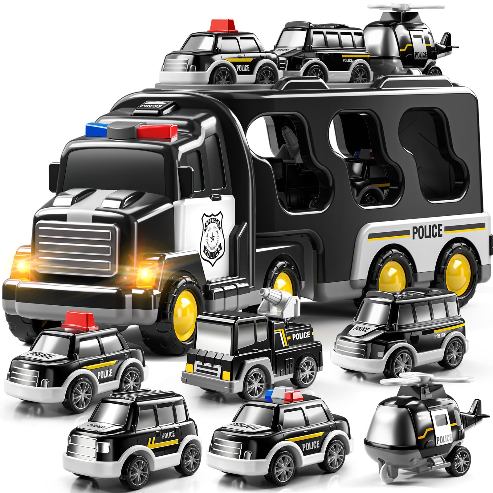 JUKUDAHU Police Truck Toy for 3 4 5 6 Years Old Boys - Carrier Vehicle Toy Set with 5 Toy Cars and 1 Helicopter, Kids Firction P