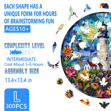 Wooden Puzzles for mature-themeds  Stained Glass Lighthouse Wooden Jigsaw Puzzles for mature-themeds 300 Pieces  Seaside Flower Wood Puzzles mature-themed  Gifts for Friends and Family  Wall Art Canvas Puzzle (L 13.4*13.4in)