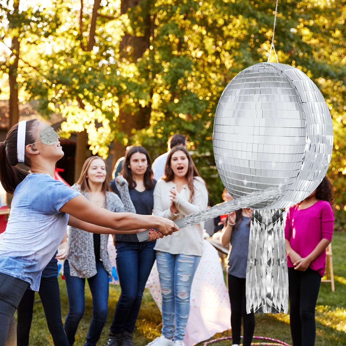 Aoriher Disco Ball Piata 12.6 x 12.6 x 3 Inch Disco Party Piata Mirror Disco Ball Piata Silver Foil Piata with Stick Mask Confet