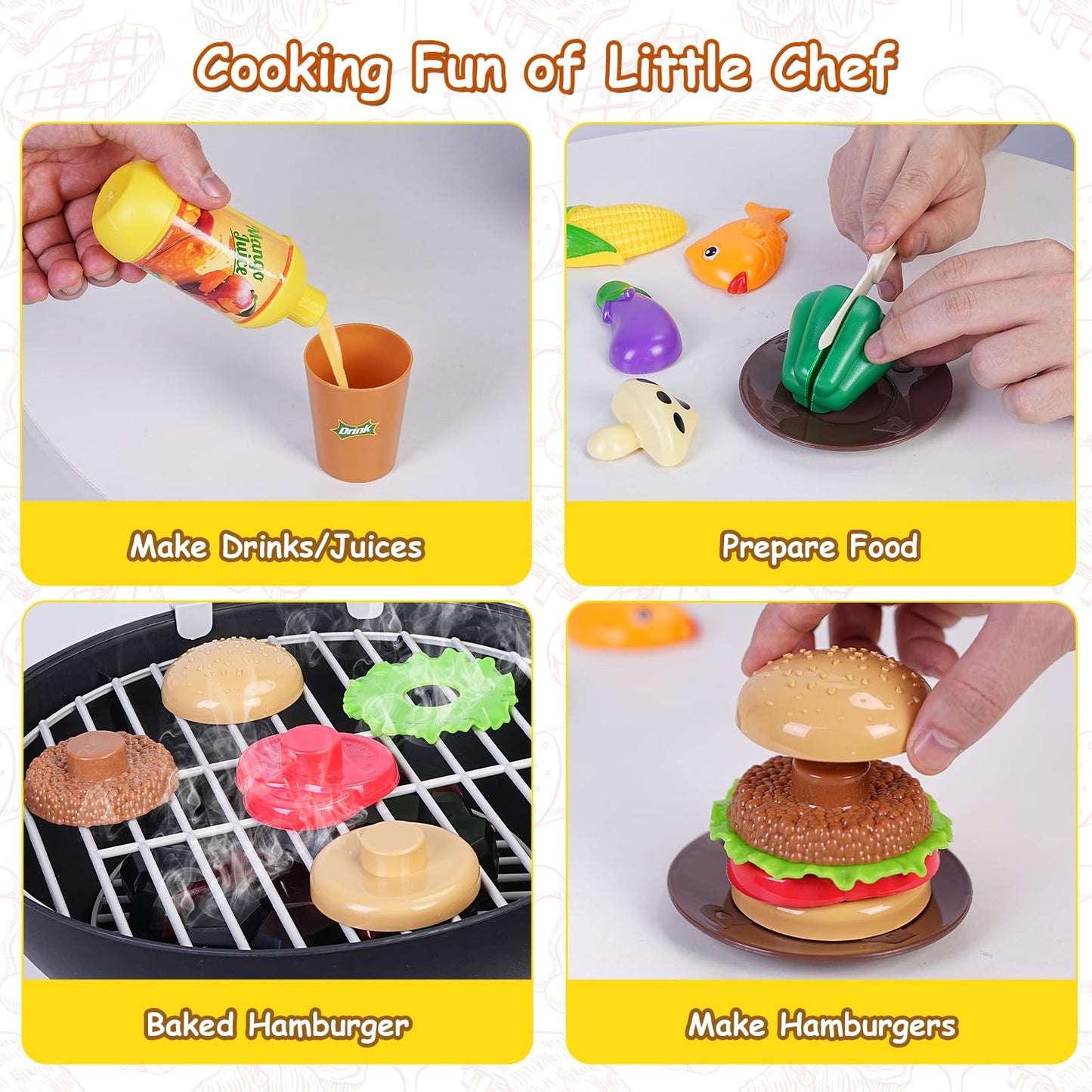 ITEFDTUTNE 35 PCS Cooking Toy Set, Kids Kitchen Toy, BBQ Grill Playset with Pretend Smoke, Outdoor Interactive Cooking Game Gift