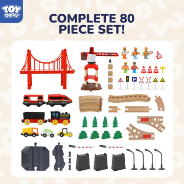 Toy Life Train Set 80Pcs Train Toys With Crane & Locomotive Train, Train Set For Kids 4-8, Wooden Train Tracks Toy Train Set For Toddlers 3 4 5, Kids Train Set Gift Toy Fits Thomas, Brio Tracks