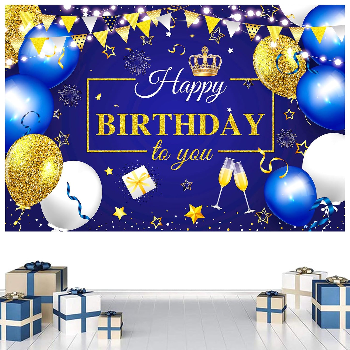 YinQin 180x120 cm Glitter Navy Blue Gold Happy Birthday Party Backdrops Cloth 71x47 inch Birthday Photography Backgrounds Royal