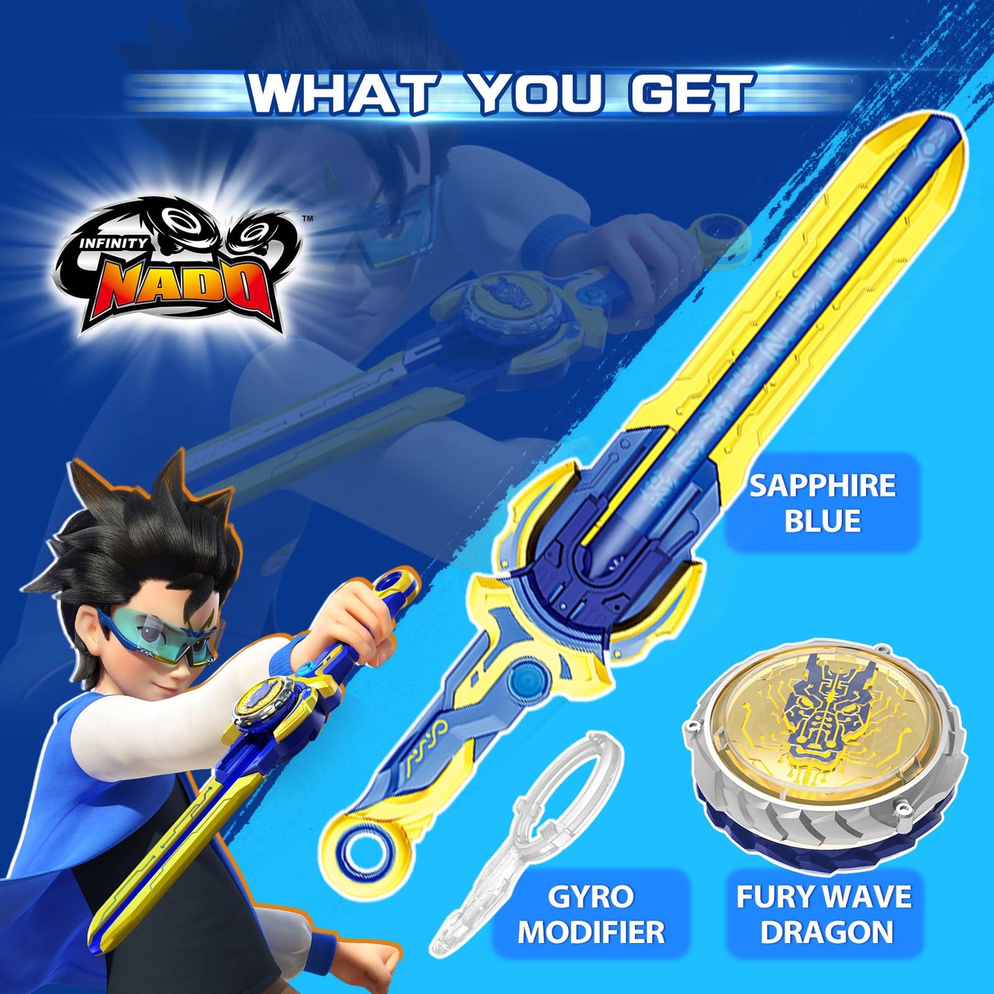 Infinity Nado Battle Set - Fury Wave Dragon Spinning Top & Sword Launcher, Sapphire Blue, for Ages 5+, Model EU654121