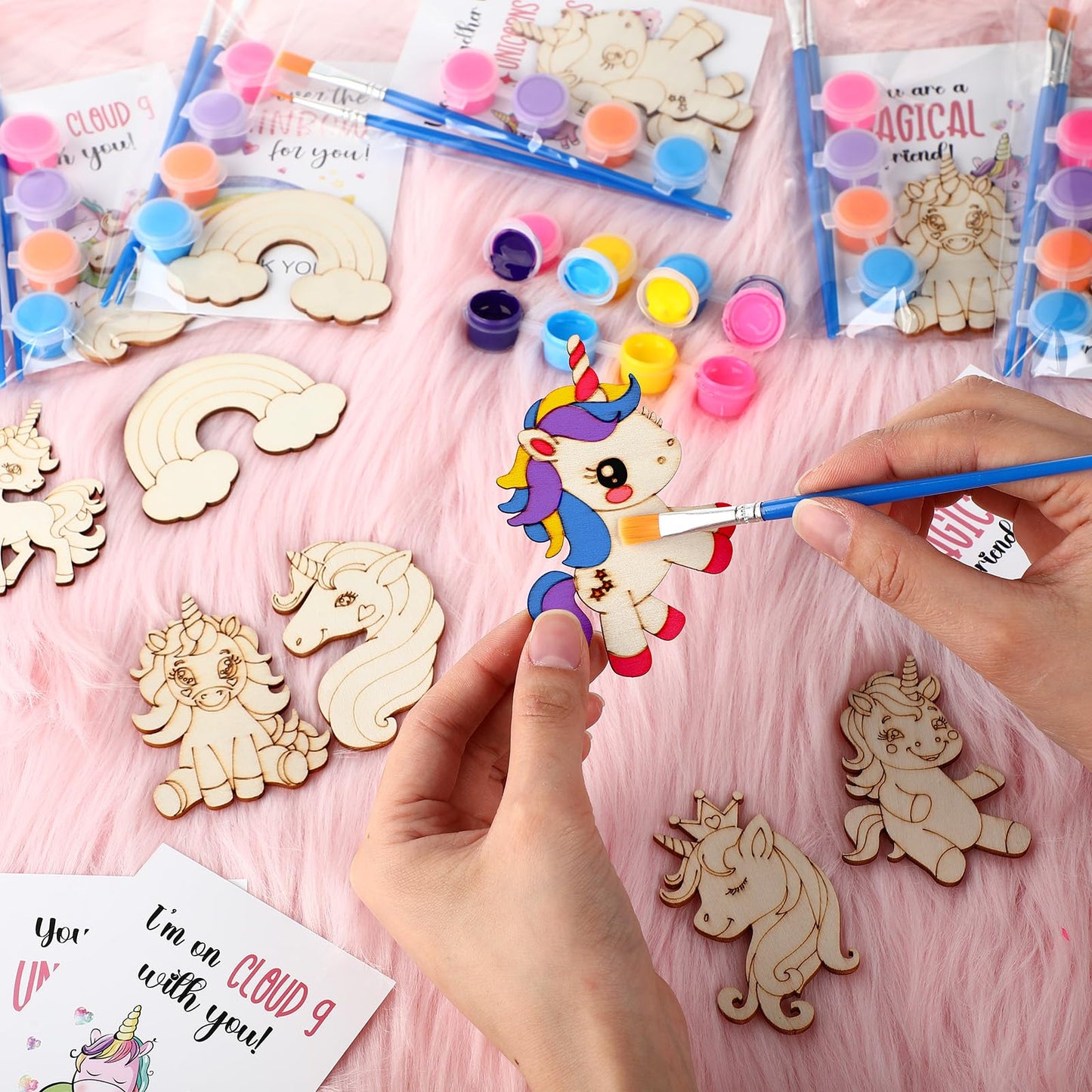 Leinuosen 28 Sets Unicorn Party Favors Wood Painting Craft Kits with Art Supplies and Inspirational Cards Thank You for Coming G