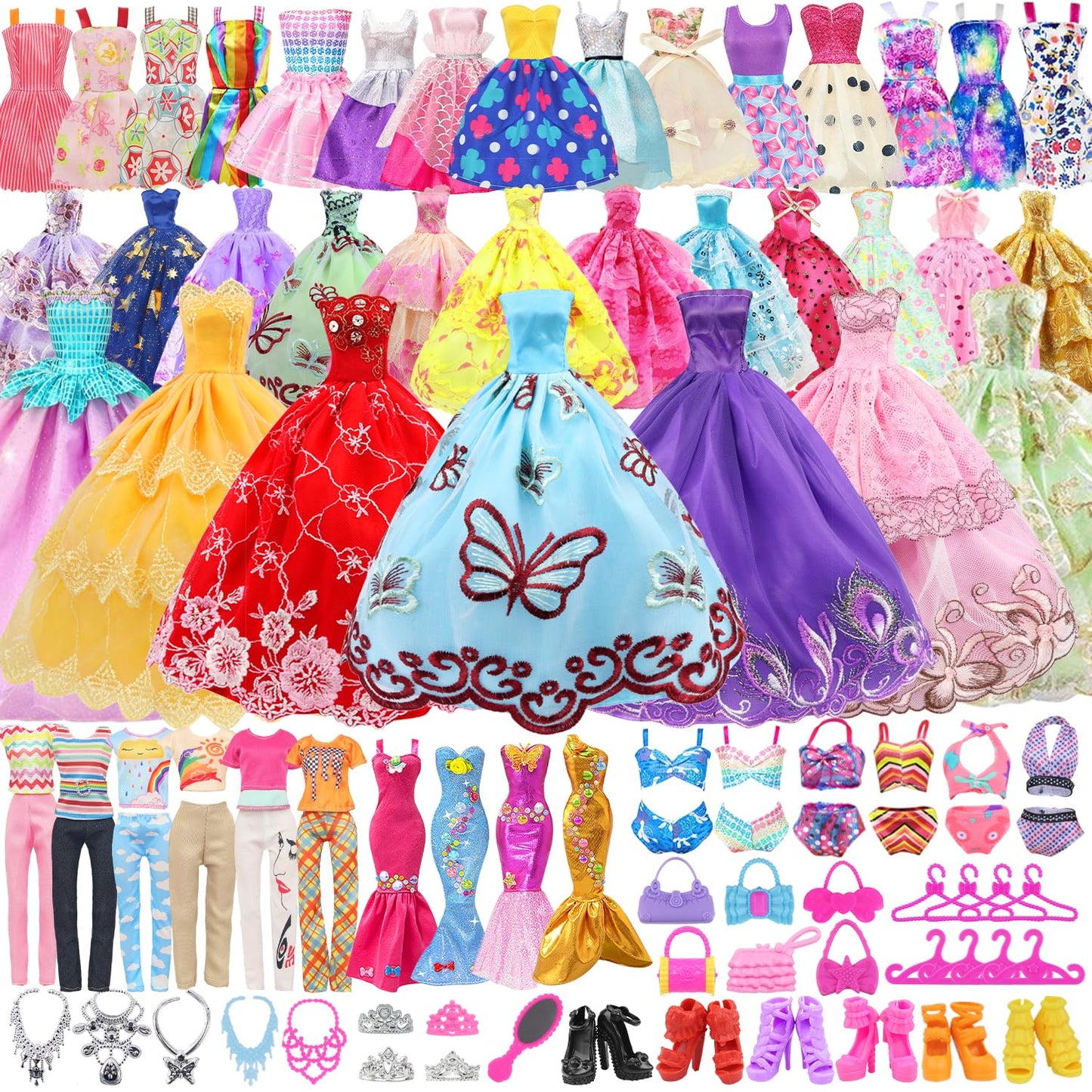 75 Pcs Doll Clothes and Accessories Gift Box Package 5 Wedding Gowns 4 Evening Dresses 8 Fashion Dresses 3 Set Casual Outfit  2 Swimsuit 30 Hanger 10 Shoes 10 Accessories Toys for Girls Kid Gift