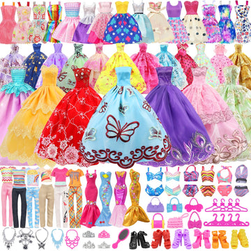75 Pcs Doll Clothes and Accessories Gift Box Package 5 Wedding Gowns 4 Evening Dresses 8 Fashion Dresses 3 Set Casual Outfit  2 Swimsuit 30 Hanger 10 Shoes 10 Accessories Toys for Girls Kid Gift