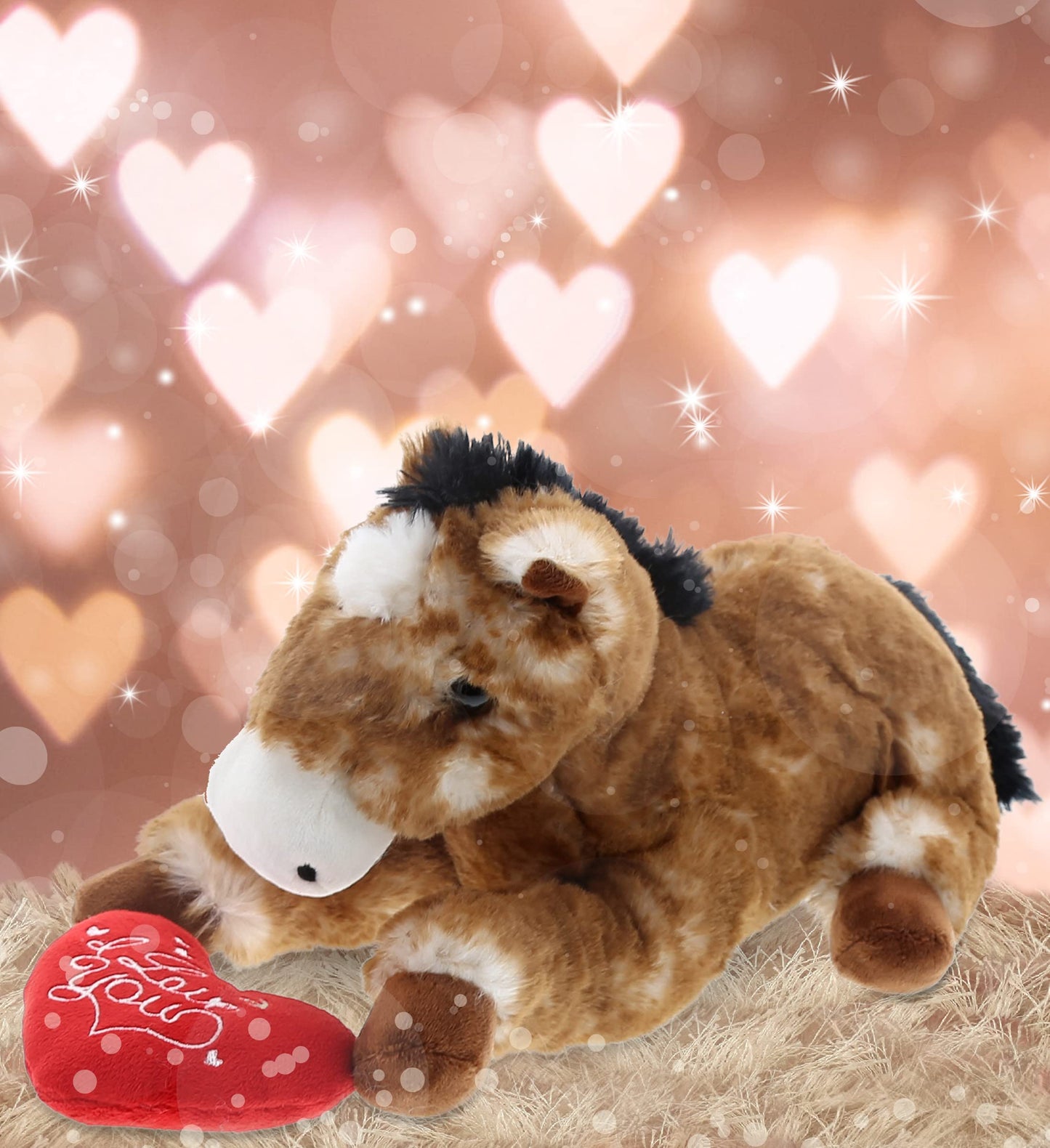 DolliBu I Love You Valentine Plush Lying Brown Horse - Cute Stuffed Animal with Red Heart and Name Personalization Gift for Valentines Day  Birthday  Anniversary  Romantic Date - 10.5 Inches