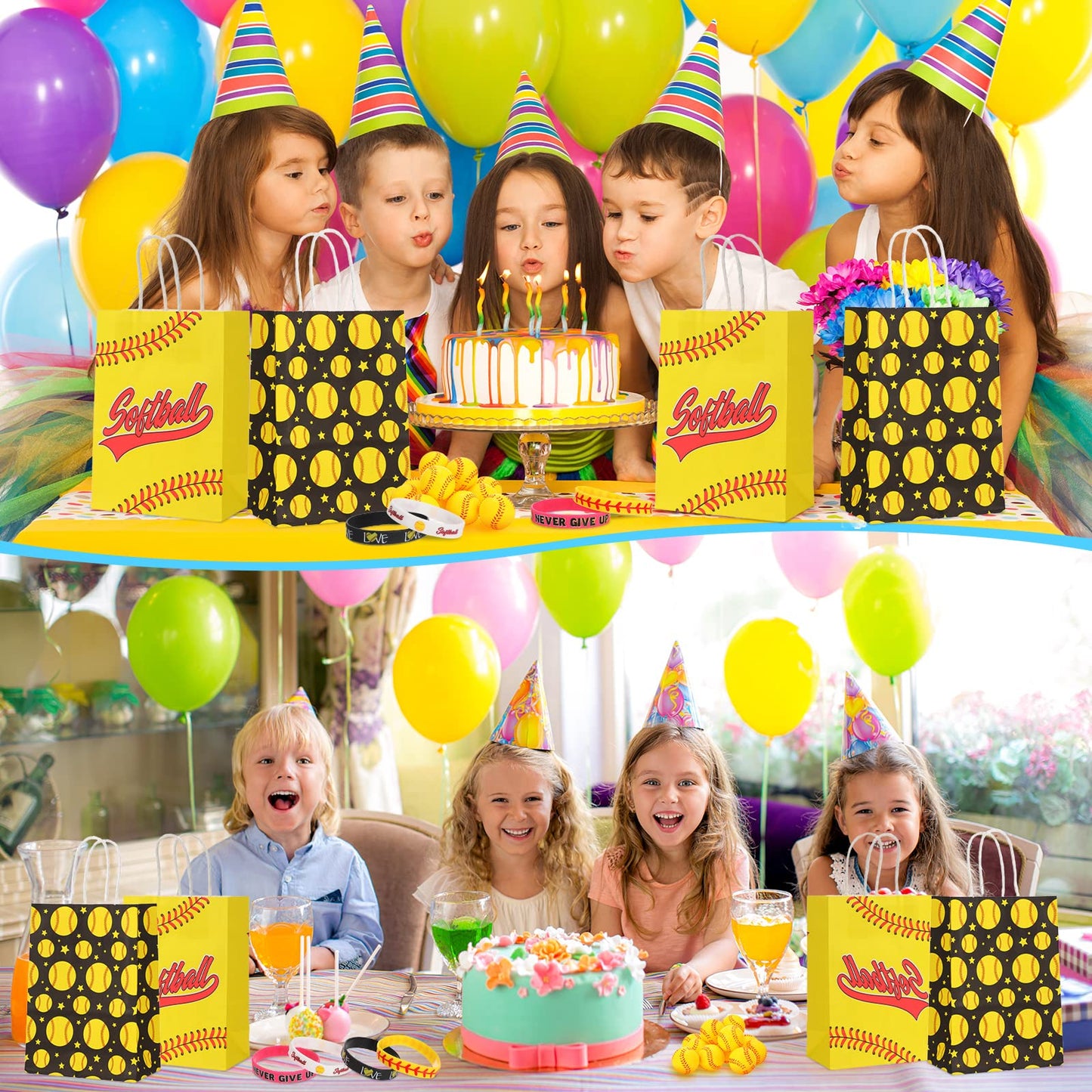 Mtlee Softball Party Favors Set Includes 12 Softball Paper Bags, 12 Silicone Bracelets, 12 Mini Foam Softball For Softball Birthday Party Supplies