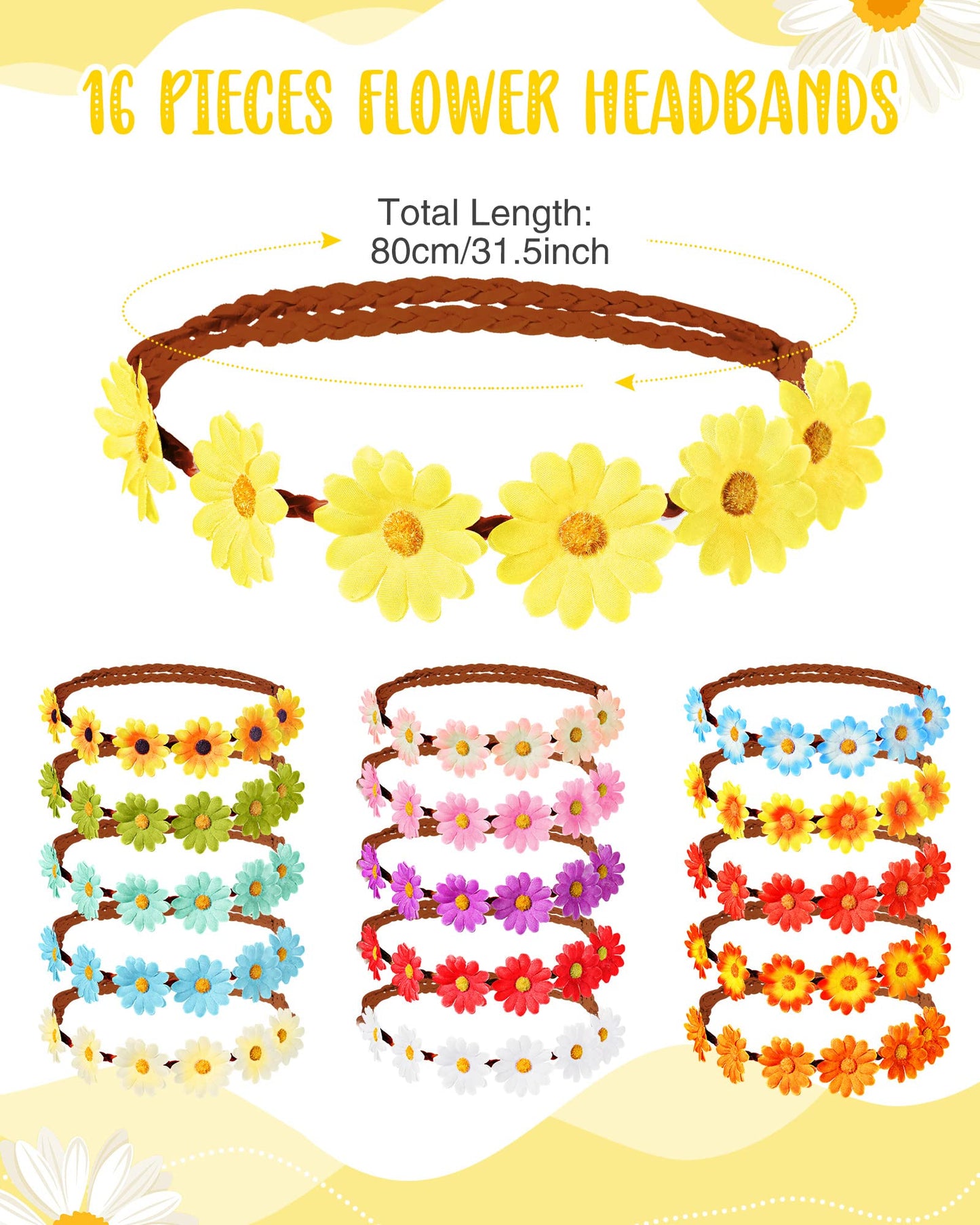 Chengu Retro Flower Sunglasses Daisy Flower Headbands Set Groovy Party Decorations Hippie Party Favors (Bright Style, 32 Pieces)