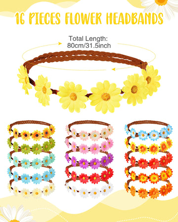 Chengu Retro Flower Sunglasses Daisy Flower Headbands Set Groovy Party Decorations Hippie Party Favors (Bright Style, 32 Pieces)