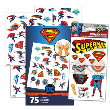 Superman Stickers & Tattoos Party Favor Pack Bundle ~ 75 Temporary Tattoos With Stickers (Superman Party Supplies)