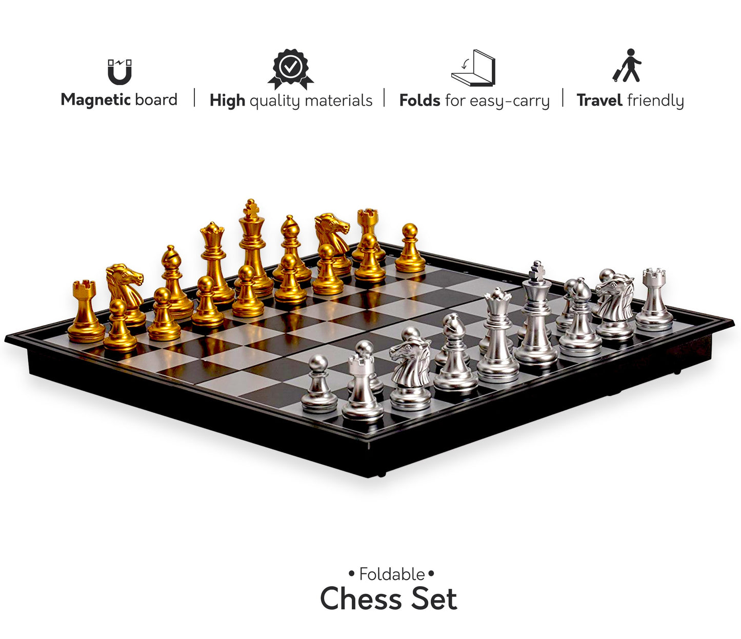 Big Mo's Toys Magnetic Travel Chess Set - Folding Board, Portable, Metal, Silver, 9.7" - Great Travel Toy for Kids and Adults
