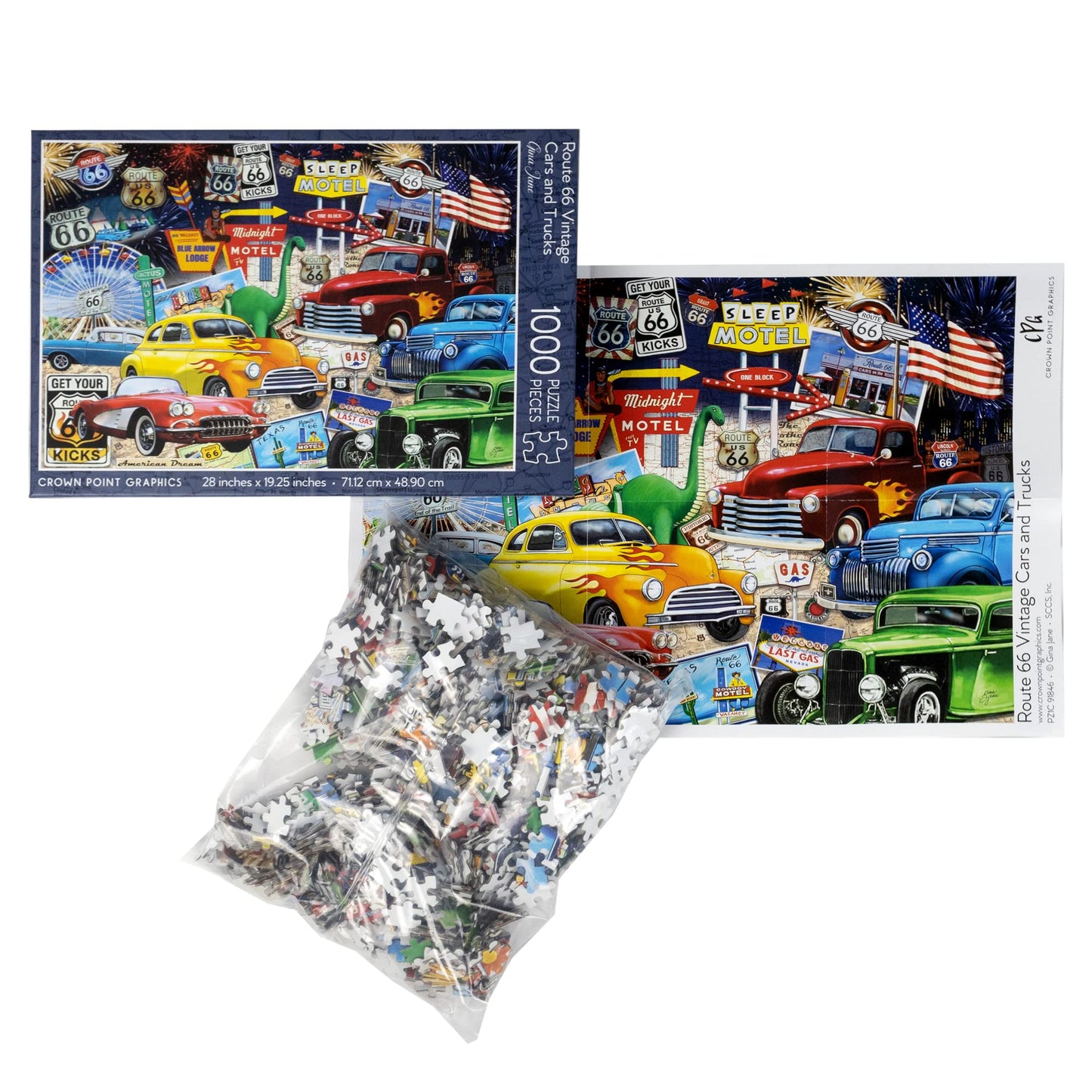 Crown Point Graphics Route 66 Vintage Cars and Trucks Puzzle  1000 Piece Jigsaw Puzzle