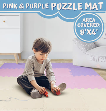 Toyvelt Foam Puzzle Floor Mat For Kids – 12X12 32 Tiles Interlocking Play Mat With Colors – Educational Large Puzzle Foam Floor Tiles For Crawling, Non-Toxic - Pink-Purple-Beige