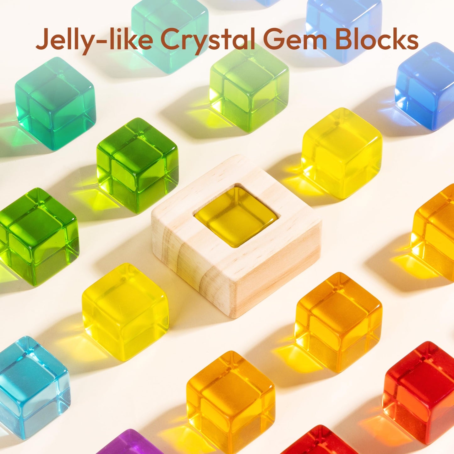 Woodtoe Wooden Rainbow Building Blocks Set For Kids | 22 Pcs Wooden Blocks & 25 Pcs Acrylic Gem Cubes Sensory Toys | Montessori
