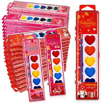 Watersay 36 Packs Valentines Heart Watercolor Paint Set for Kids 8 Washable Colors with Brushes Water Color Painting Kit for Pre