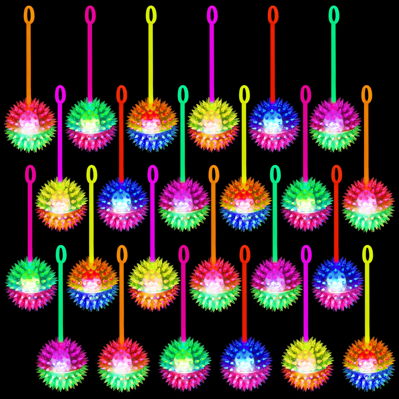 Haerbao 24 Pieces Light Up Bouncy Ball Light up Spike Rubber Ball Sensory Toy Flashing Spiky Sensory Stress Balls for Party Favo