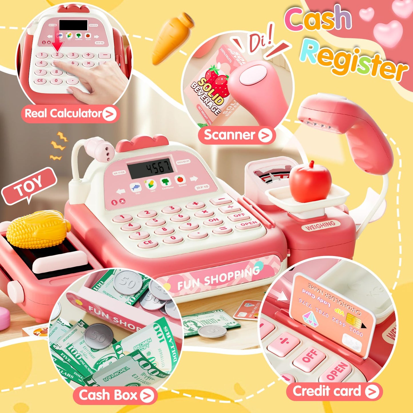 Stactcute 49Pcs Pretend Play Cash Register Toy Set For Kids With Real Calculator,Scanner,Microphone,Conveyor Belt,Weighing Tool,