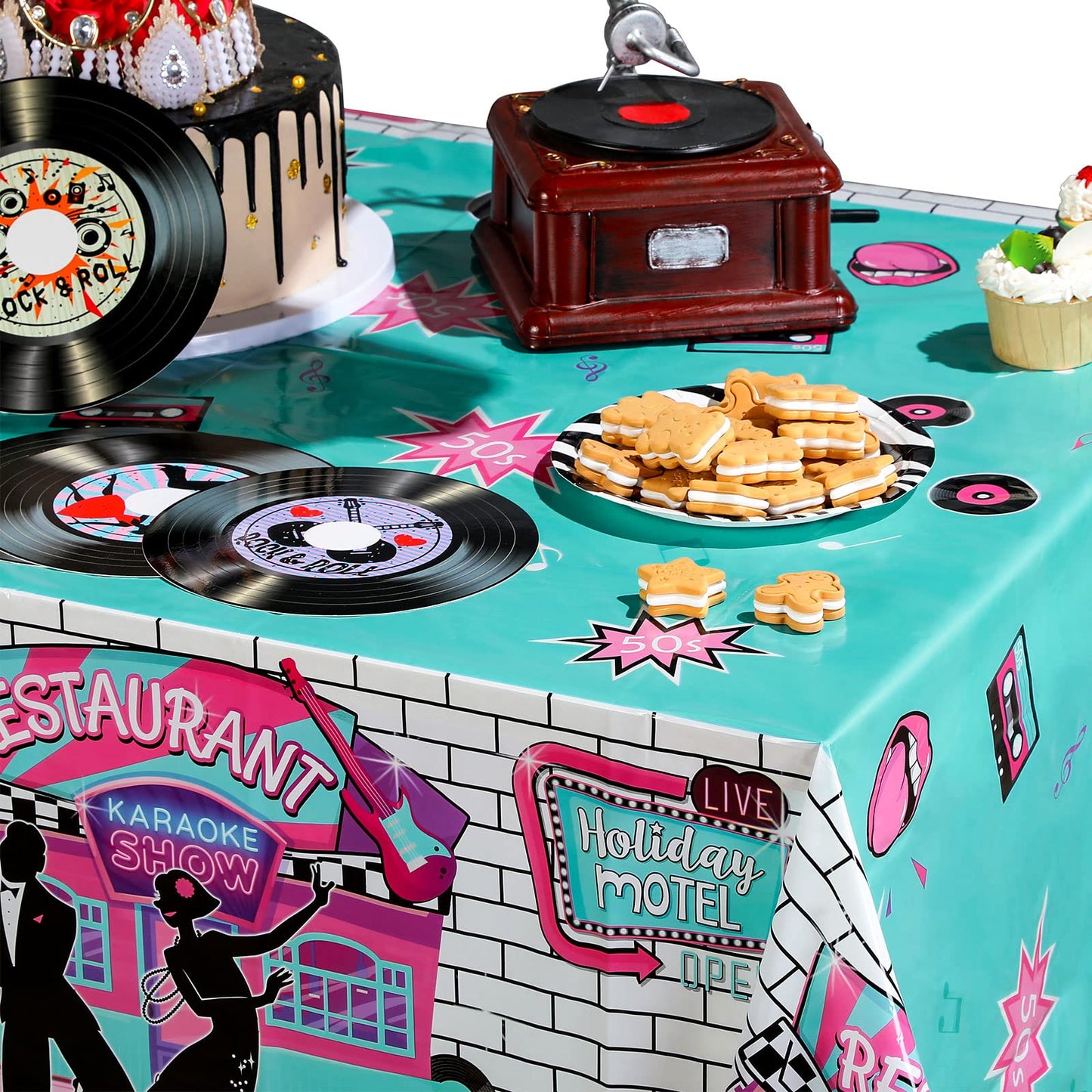 3 Pieces 50s Tablecloth 50s Party Decorations Rock and Roll Party Table Cover Large 1950s Plastic Tablecloth Back to 50s Rock