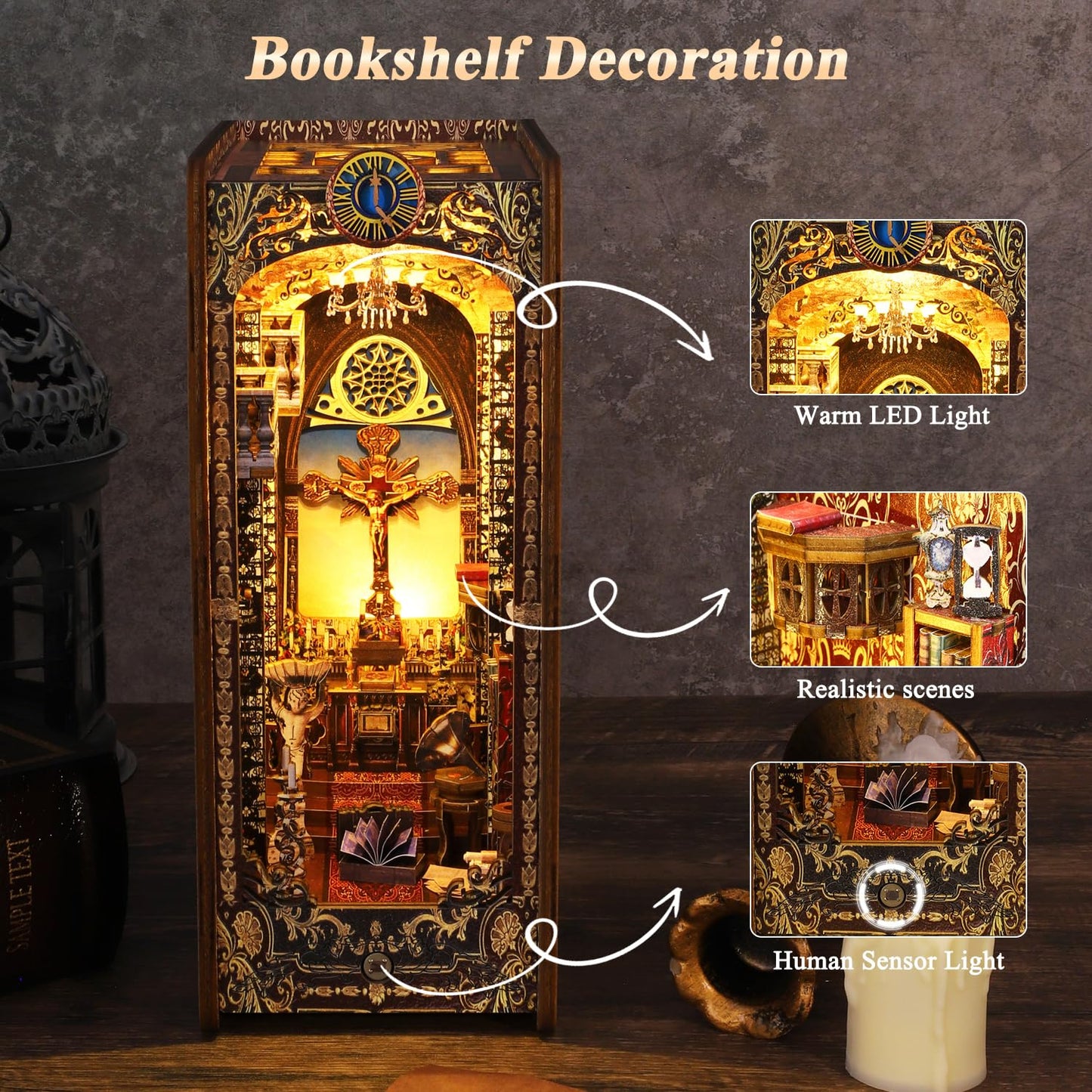 Spobot Book Nook Kit Diy Bookshelf Decor Kit With Led Light 3D Booknook Wooden Puzzle Bookend Stand Miniature Dollhouse Kit Gift