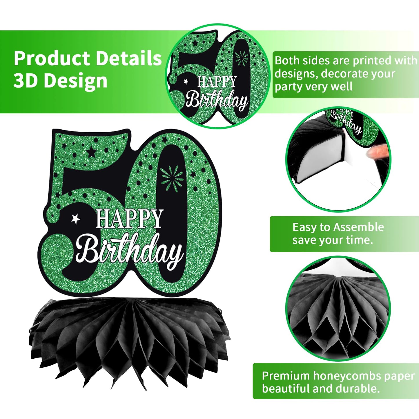 50Th Birthday Party Decorations, Green And Black Happy 50Th Birthday Decorations Hanging Swirls Banner Honeycomb Centerpieces For Men Women Happy 50 Years Old Bday Party