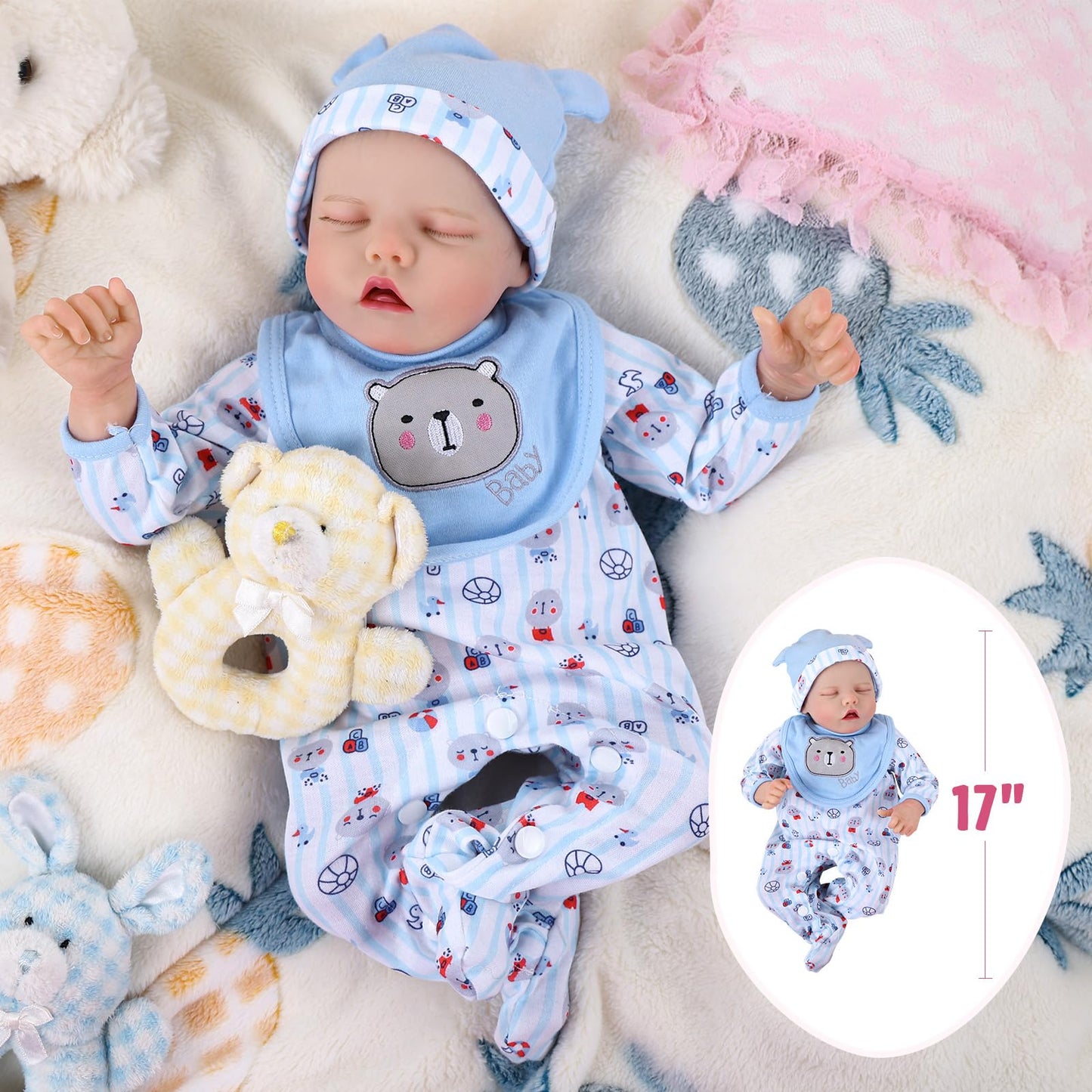 JIZHI 17-Inch Reborn Baby Doll, Realistic Soft Body Vinyl Boy with Feeding Kit, Gift Box, Ideal for Kids Age 3+