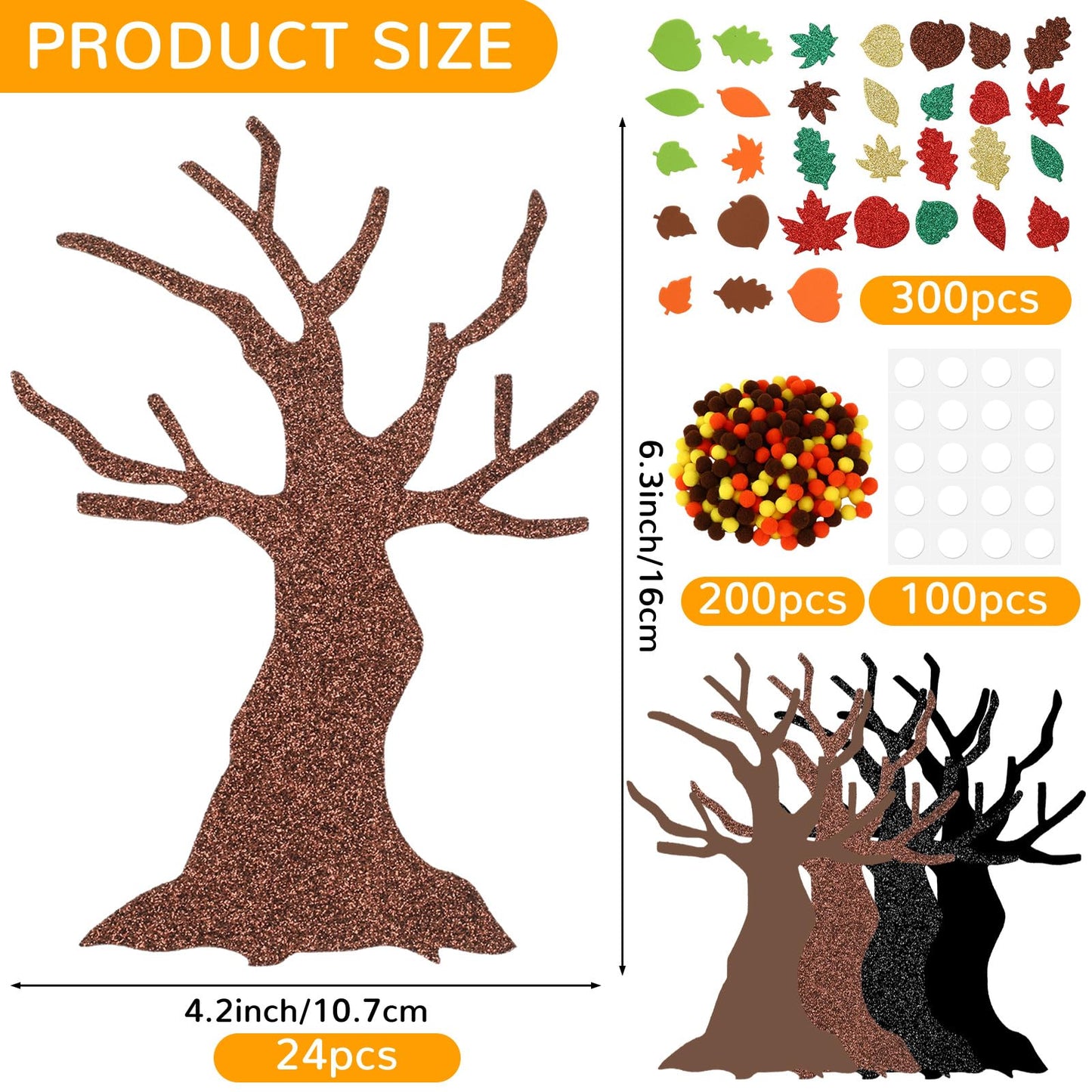 SEPGLITTER 524 Pcs Fall Crafts for Kid, Glitter Maple Leaf Stickers Pompoms Autumn DIY Self Adhesive Foam Stickers Tree Art for