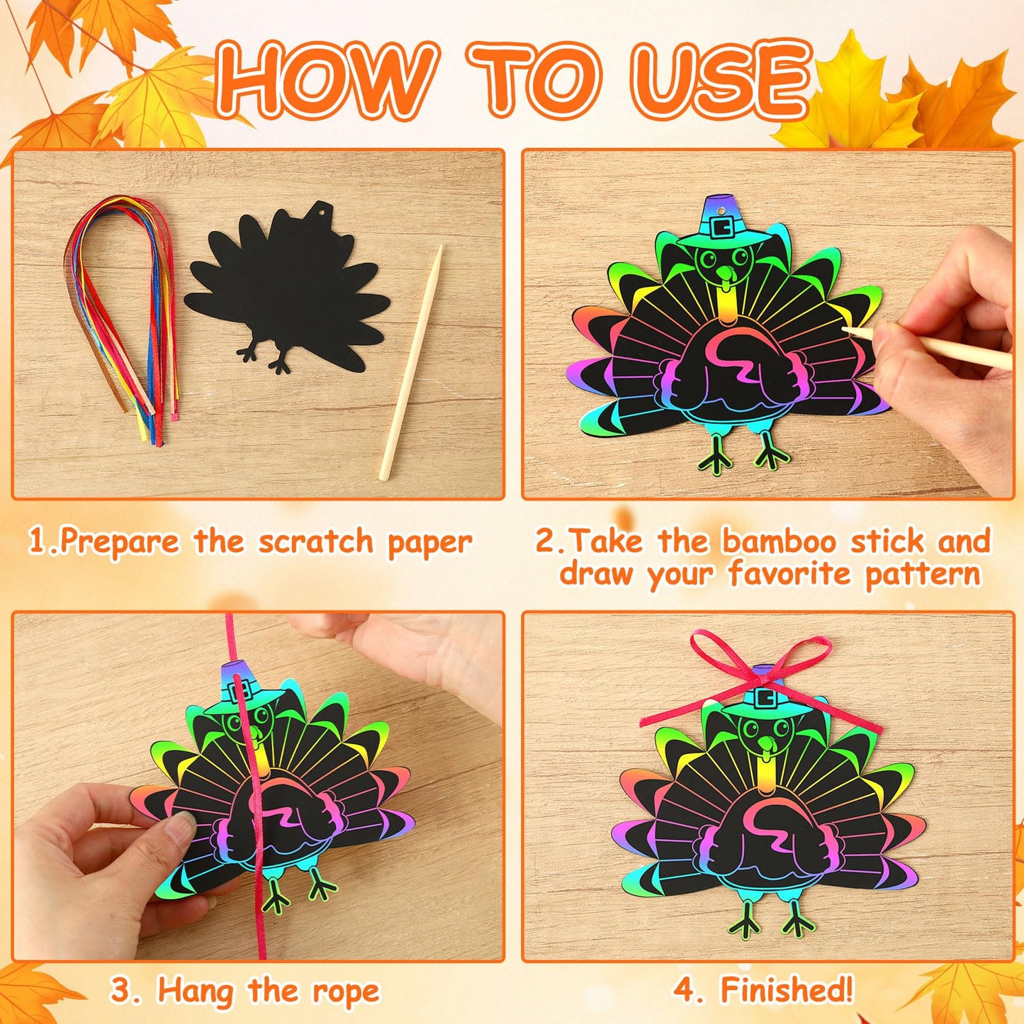 JULMELON 36Pcs Thanksgiving Fall Arts and Crafts, Rainbow Scratch Paper Art Cute Turkey Crafts for School Classroom Activity Aut