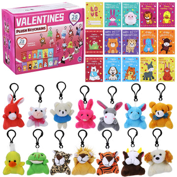28 Pack Valentines Day Gift Cards for Kids with Mini Animal Plush Toys Keychains,Stuffed Animal for Students Classroom Exchange,