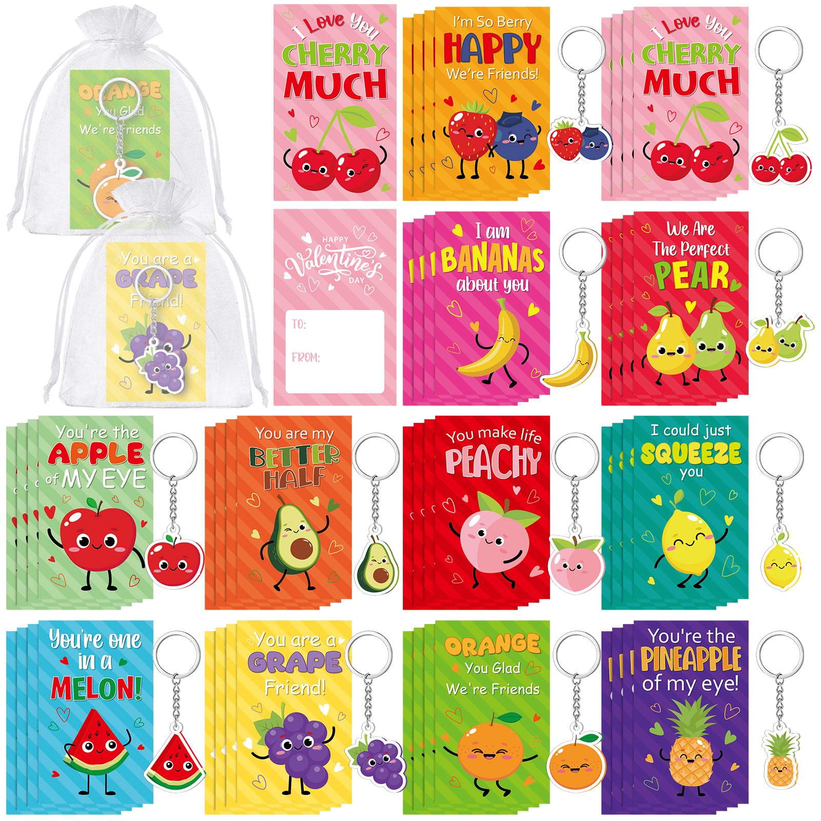 Kigeli 48 Set Valentines Day Cards for Classroom Exchange Gifts Fruit Valentine Keychains and Exchange Cards Organza Bags for V