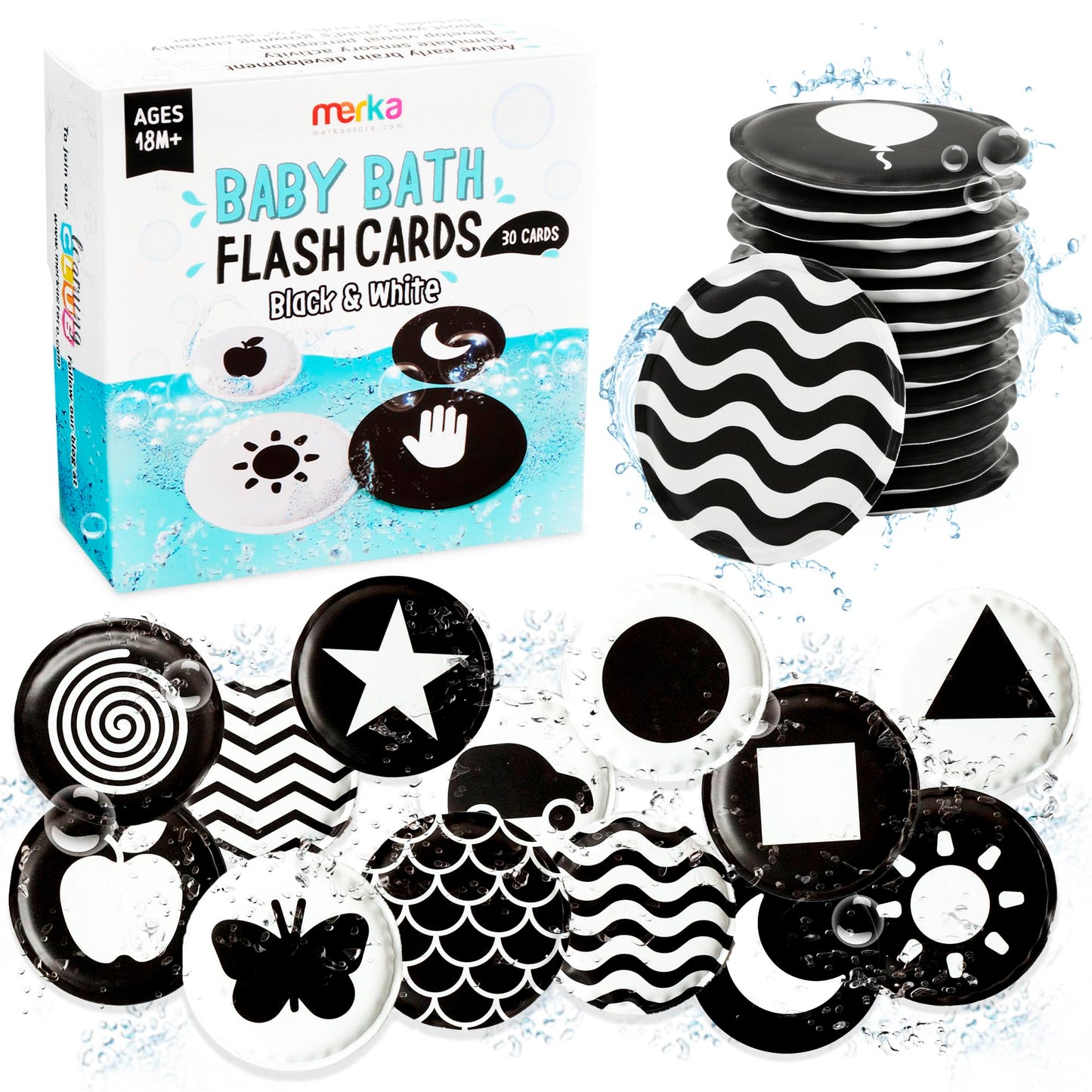 Merka High Contrast Baby Toys For Newborn Mold Free Bath Toys Black And White Cards For Babies Set Of 30 Floating Flashcards Sen