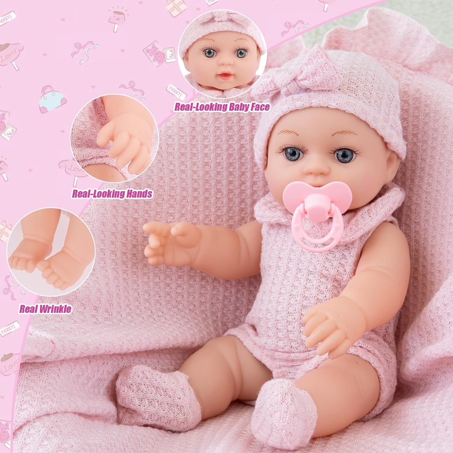 Dotvosy 12 Inch Realistic Adoption Girl Baby Doll Playset With Knit Clothes And Accessories Includes Pacifier,Blanket,Feeding Bo