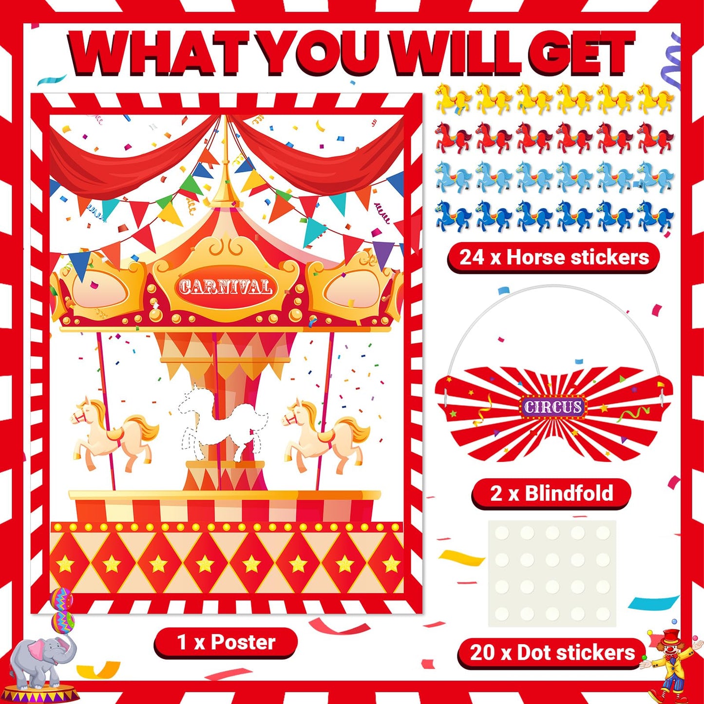 Faccito Carnival Circus Party Games Pin The Stickers on The Large Poster with 24 Pcs Stickers Blindfold Carnival Pin Game Set fo