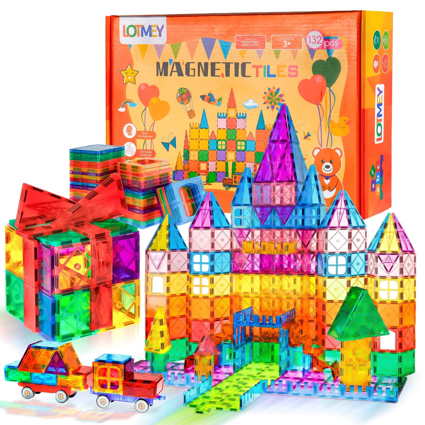 Lotmey 132PCS Magnetic Tiles with 2 Cars Deluxe Set, 3D Magnetic Building Blocks, Preschool Magnetic STEM Toys Sensory Education