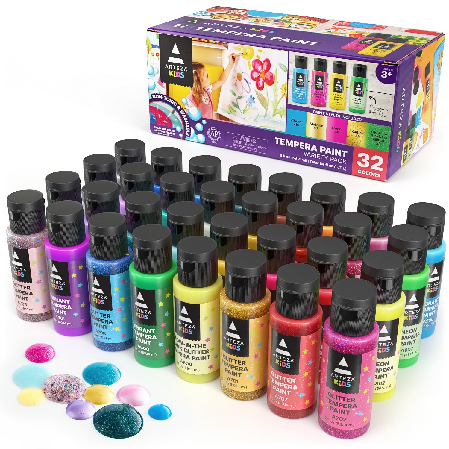 ARTEZA 32 Tempera Paint, 2.03oz/60ml Bottles, Washable Tempera Paint for Kids, Includes Neon, Glitter & Glow-in-The-Dark