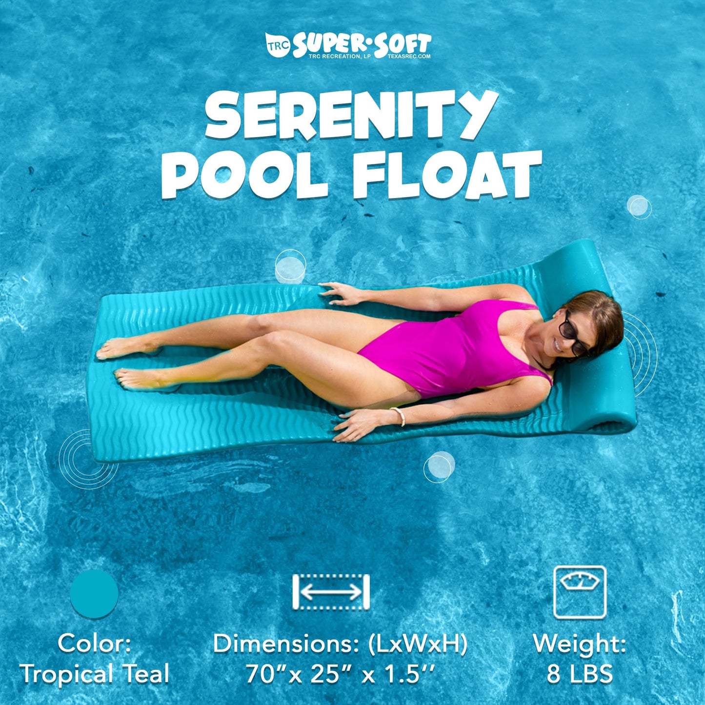 TRC Recreation Serenity 1.5  Thick Vinyl Coated Foam Swimming Pool Float Mat mature-themed Lounger with Built-In Roll Pillow  Tropical Teal