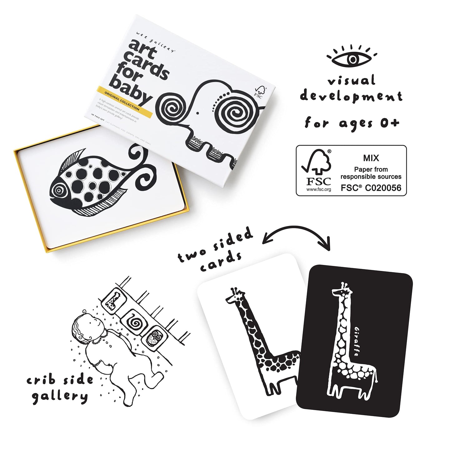 Wee Gallery Black And White Art Flash Cards For Babies, High Contrast Educational Animal Picture Cards, Baby Visual Stimulation, Brain And Memory Development In Infants And Toddlers - Original Animals