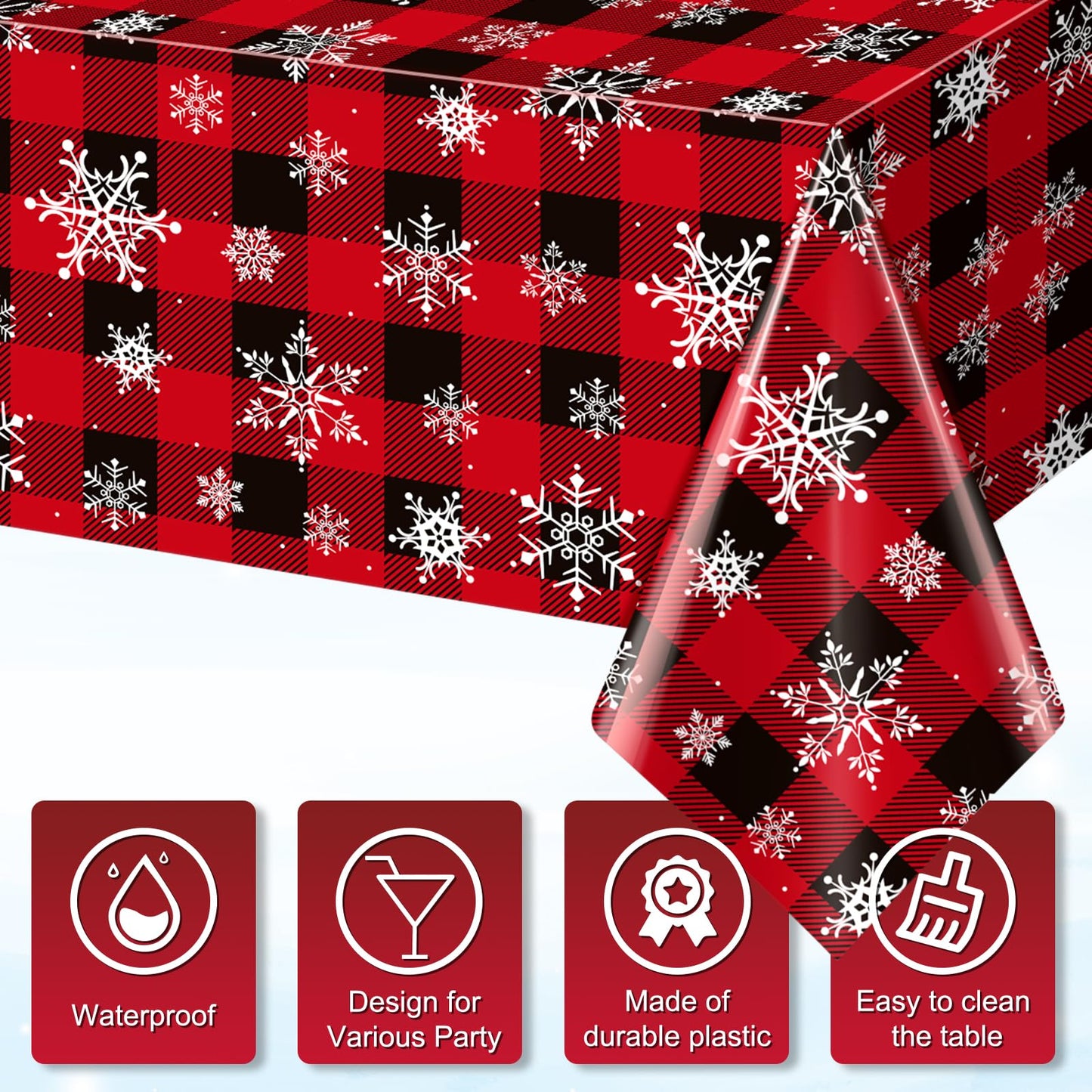 3 Pieces Red and Black Buffalo Plaid Merry Christmas Party Tablecloth Decorations,Plastic White Snowflake Buffalo Plaid Sign Tab