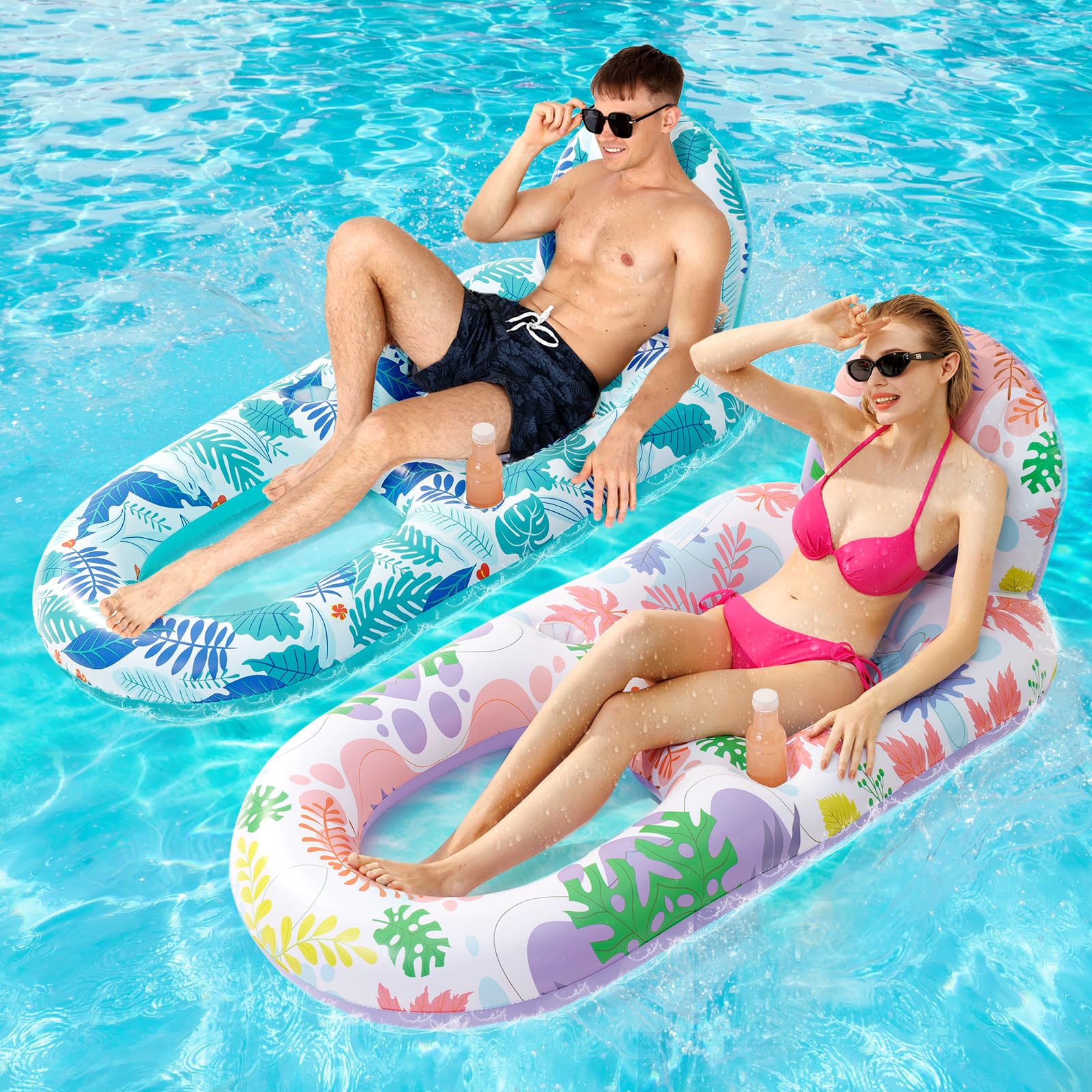 2 Pack Pool Floats mature-themed Heavy Duty-mature-themed Pool Float Lounger with Cup Holders  Backrest & Footrest Pool Lounge Float Pool Floaties Rafts for Beach Lake Party(Pink  Blue)