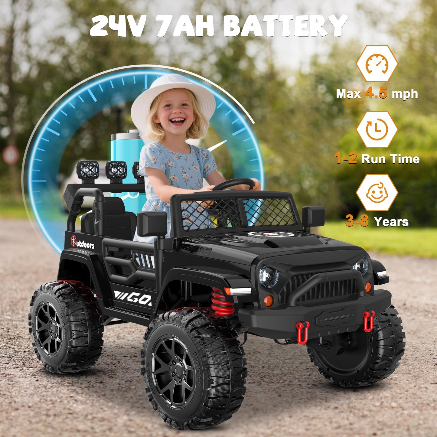 ANPABO 24V 2 Seater Ride on Toy Truck w/EVA Tires, 4X200W Motors, 4 Shock Absorbers, 2.4G Remote Control, Bluetooth Radio, LED H