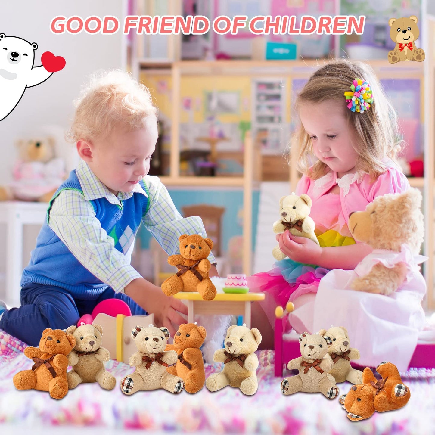 Skylety 16 Pcs Mini Plush Bear Bulk 4 Inch Bear Stuffed Animal Toy Doll Small Soft Bear Keychain For Birthday Baby Shower Weddin