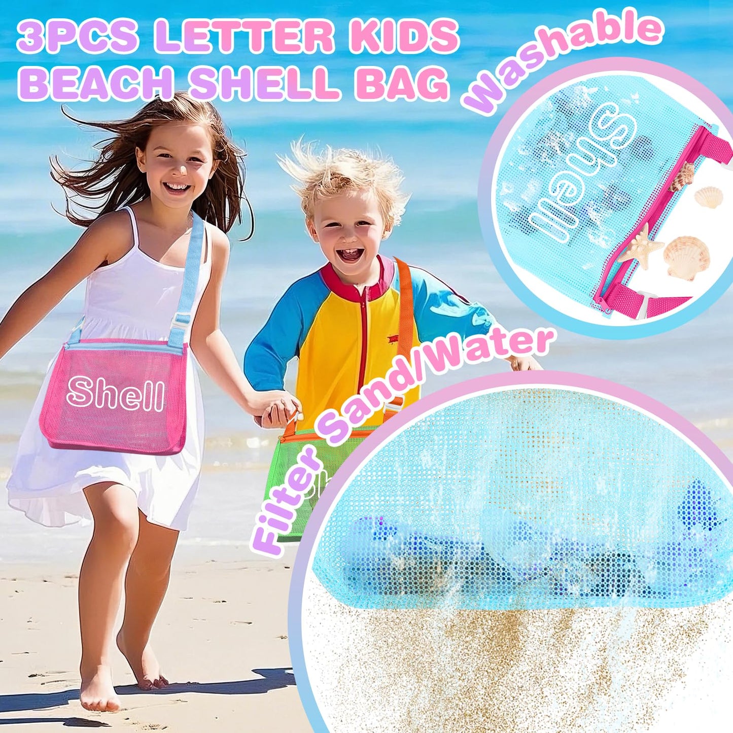 3Pcs Kids Letter Beach Shell Bag, Seashell Mesh Zipper Beach Pouch, Shell Collecting Bag for Holding Shells with Adjustable Stra