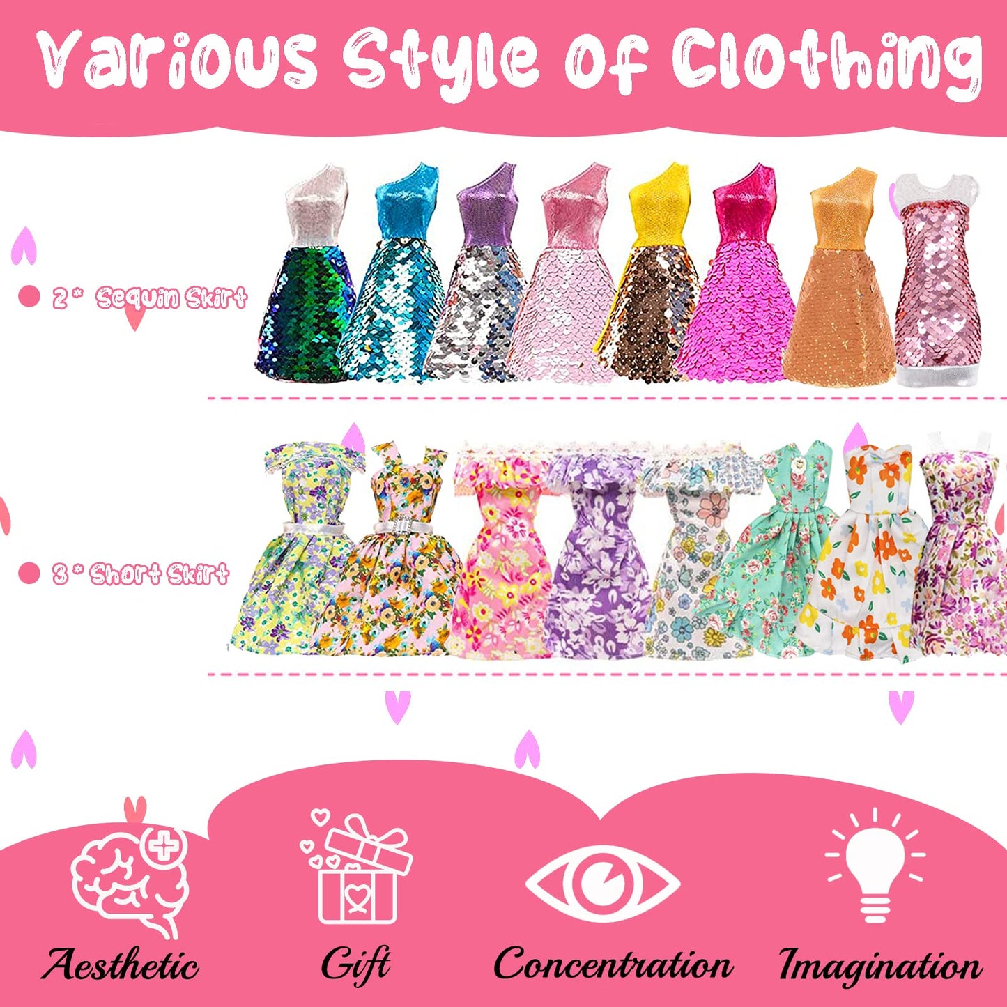 16 Pcs Doll Clothes And Accessories For Doll, 11.5 Inch Doll Outfit Collection Including 3 Short Skirts 2 Sequin Skirts 2 Sets 3