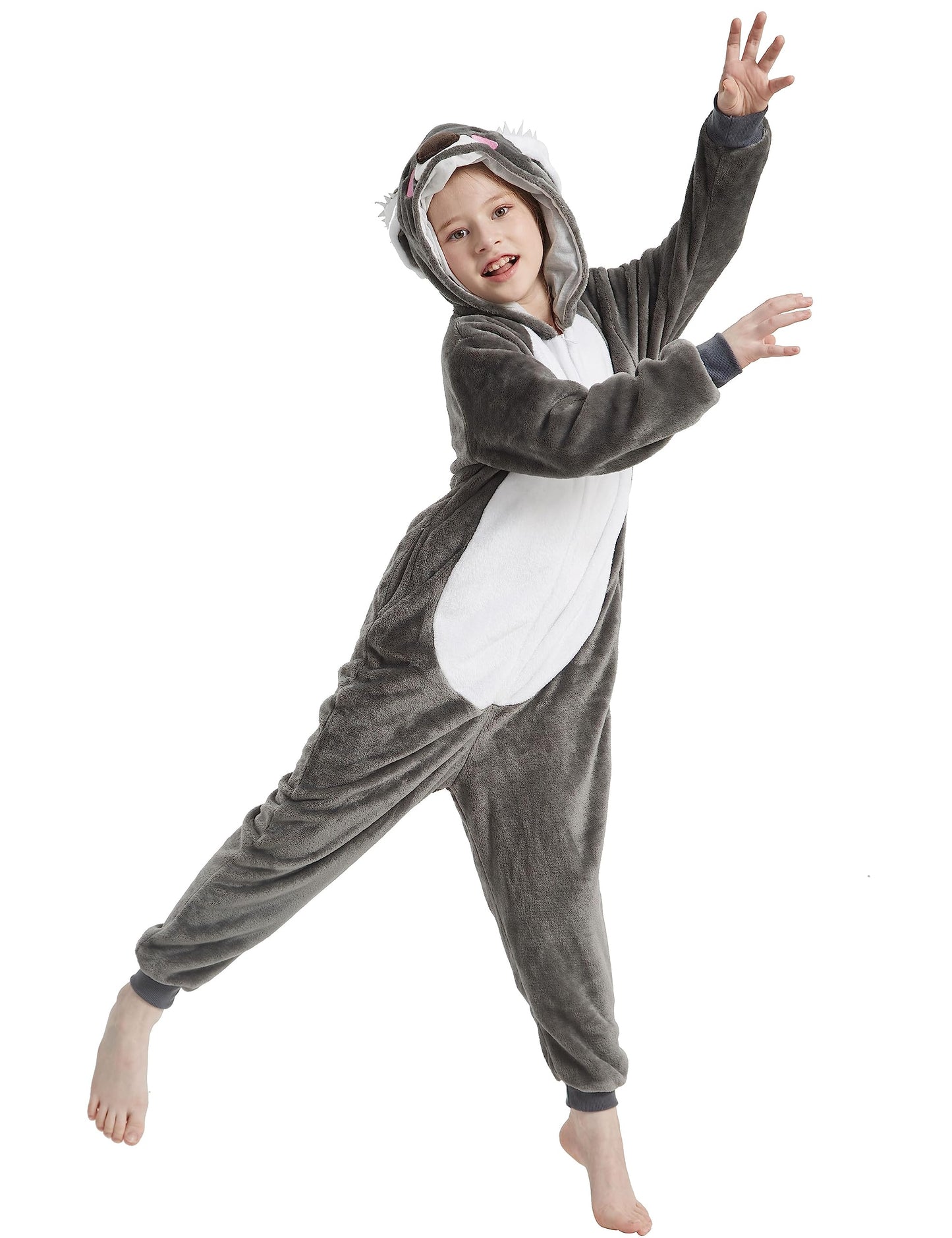 Acogna Onesie Kids Plush Animal Koala Costume One Piece Pajamas Girls Boys Teen Halloween Cosplay Sleepwear Gray 8-9 Years