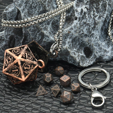 PJOY Mini Dice Set Tiny DND Dice with Hollow D20 Cage Portable 7PCS D&D Keychain Small Metal Dice Set for Role Playing Dice Game