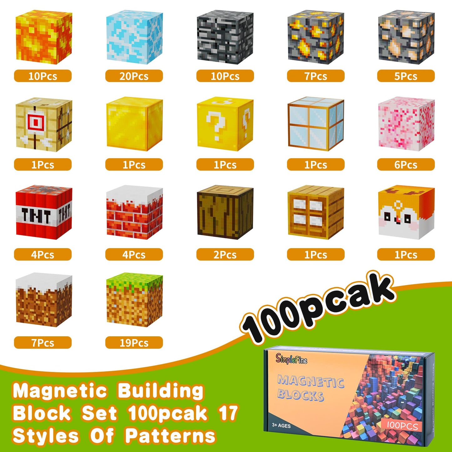 Simplefine Magnetic Blocks 100Pcs,Mine World Craft Toys For Boys 6-8,Magnet Cubes For Kids,Volcano Magnetic Stress Relief Blocks